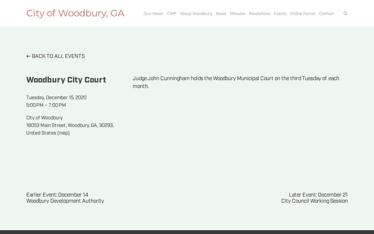 Historical Woodbury municipal court event listing from 2020